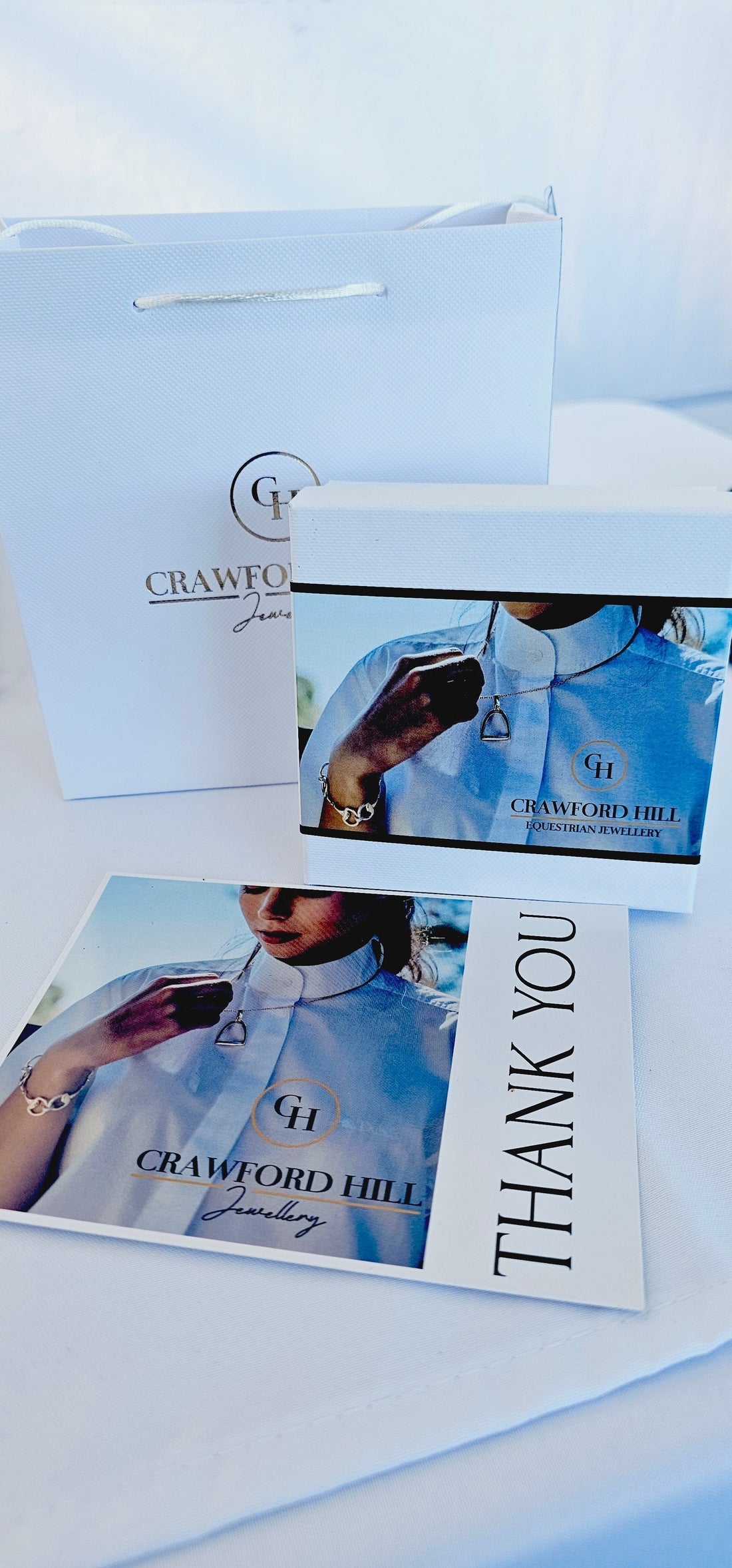 A photo of the Crawford Hill Equestrian Jewellery gift box and thank you card.