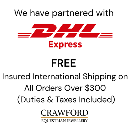Promotional text about DHL Express partnership for free insured international shipping on Crawford Equestrian Jewellery orders over $300.