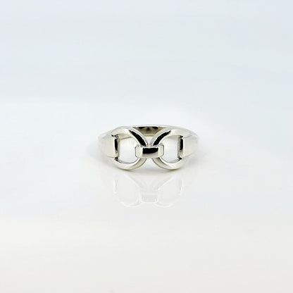 Product shop photo of a silver horse bit snaffle ring. Made by Crawford Hill Equestrian Jewellery. 